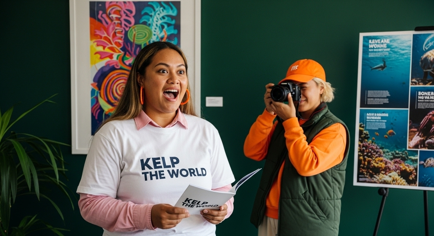 Pacific woman enthusiastically speaking at a Kelp the World campaign event, holding a booklet while another person photographs her in front of marine conservation posters.