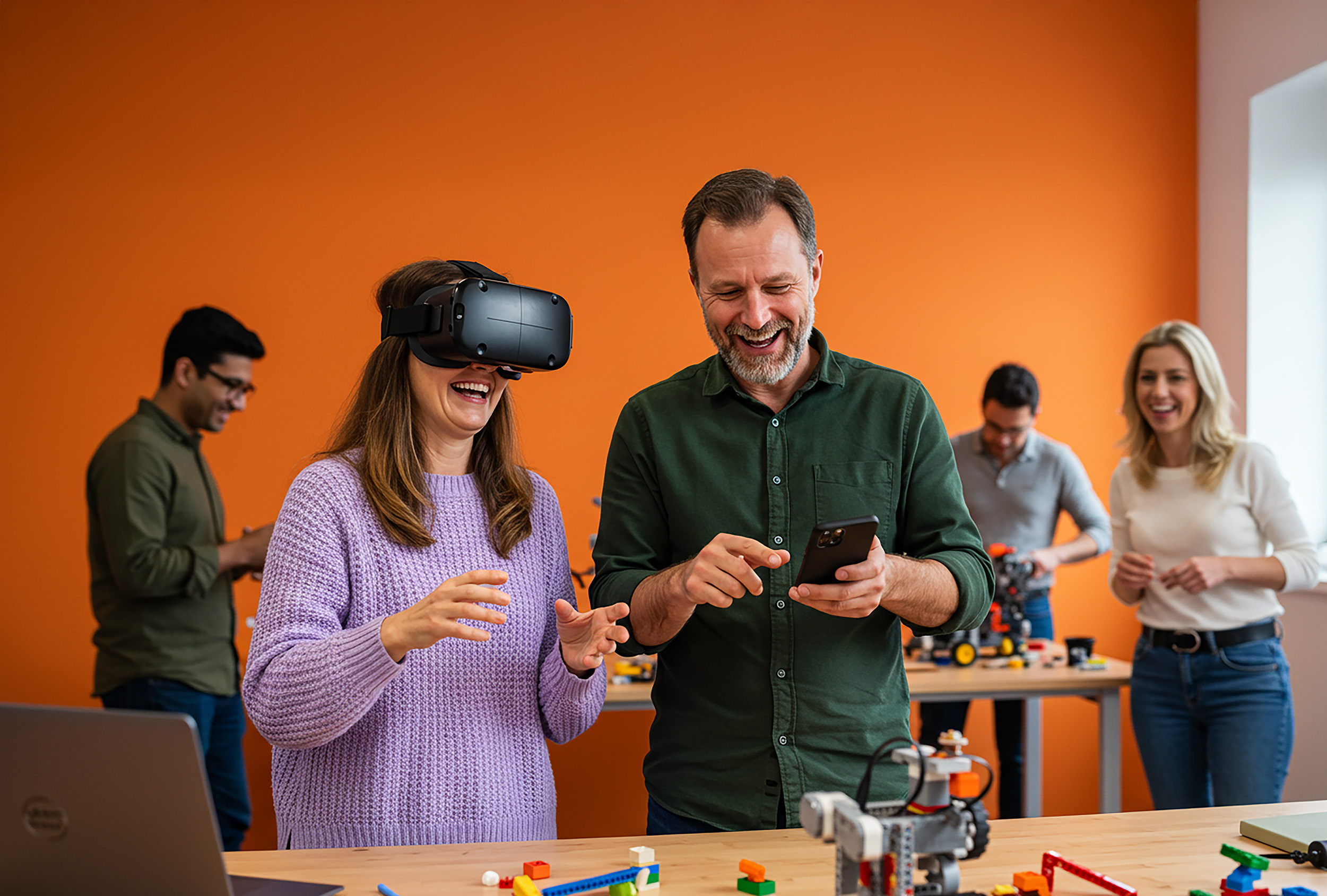 The Play Lab activity, two adults wearing hi tech gear working together.